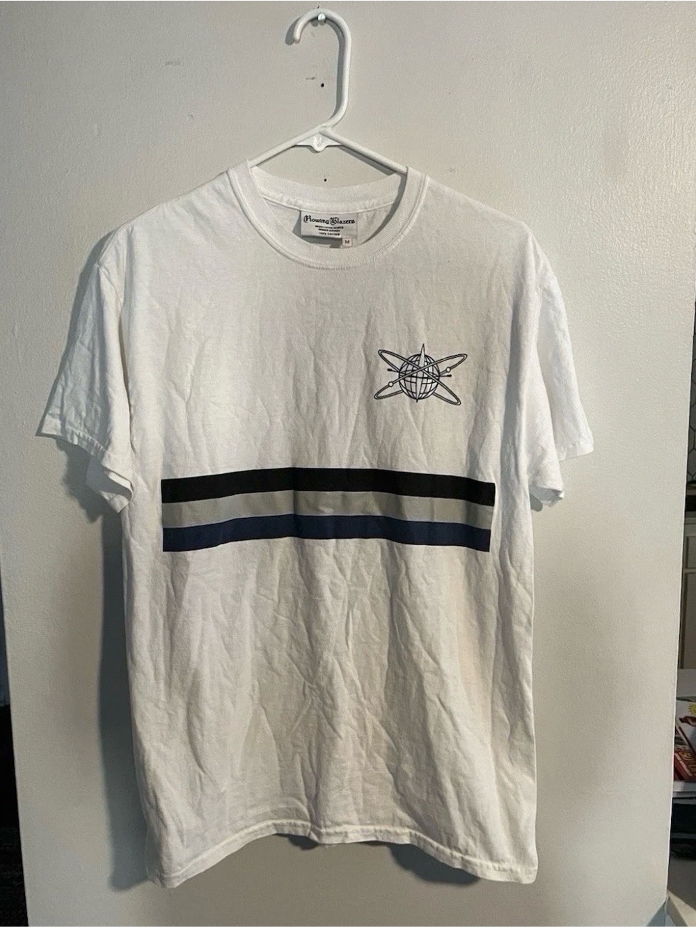 Rowing Blazers x Imperial College White Tee with Navy and Grey Stripes